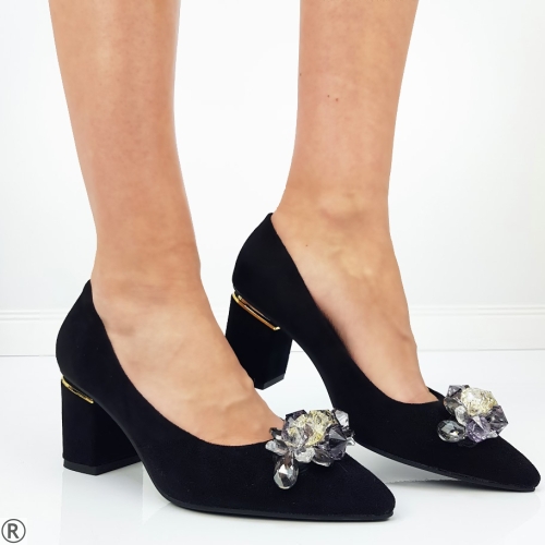 Дамски обувки от велур на широк ток с камъни- Nadiin 