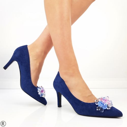 Дамски сини обувки от велур с камъни- Miseey Blue