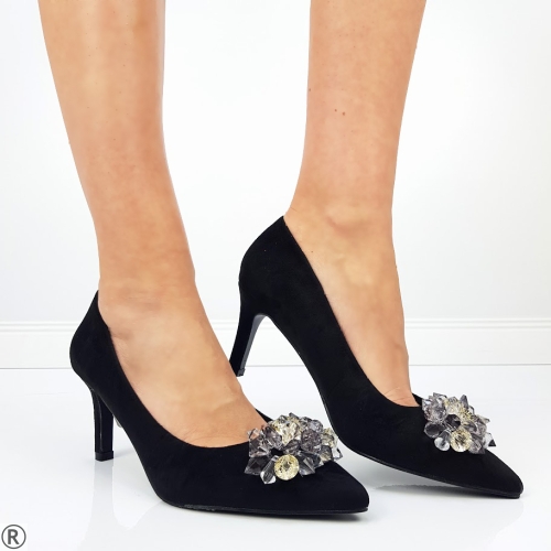 Дамски обувки с тънък ток от велур с камъни- Miseey Black