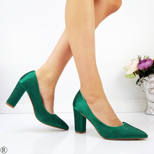 Дамски елегантни обувки в зелен цвят на широк ток с камъни- Debra Green