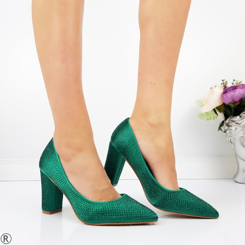Дамски елегантни обувки в зелен цвят на широк ток с камъни- Debra Green