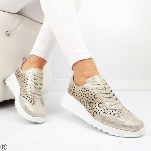 Обувки на платформа от перфорирана естествена кожа- Elina Gold