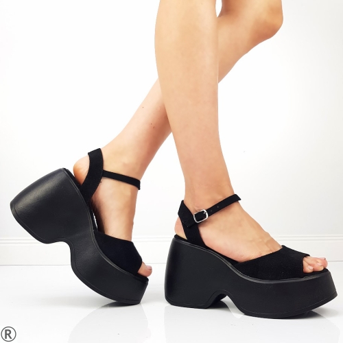 Черни велурени сандали на платформа - Luiza Black