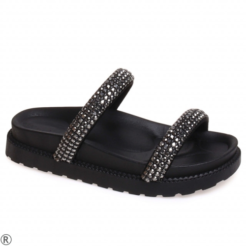 Дамски чехли в черен цвят с камъни- Leonor Black