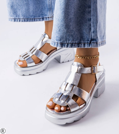 Дамски сандали на ток и платформа- Hellan Silver