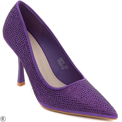 Дамски елегантни обувки на тънък ток в лилав цвят с камъни- Crystal Purple