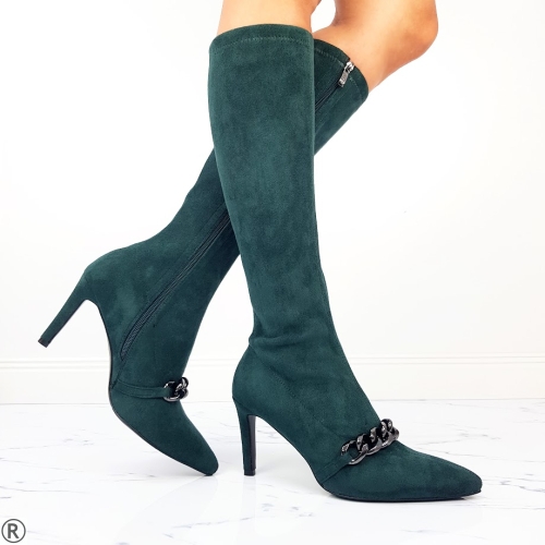 Елегантни ботуши от велур в зелен цвят на тънък ток- Vincenta Green