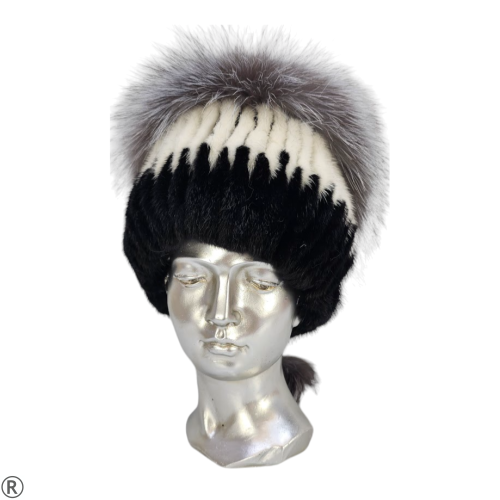 Дамска шапка от естествен косъм на норка и лисица- Nevin Black/White