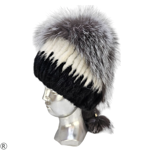 Дамска шапка от естествен косъм на норка и лисица- Nevin Black/White