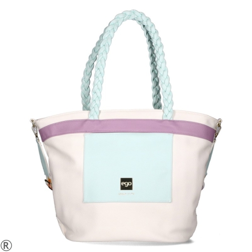 Голяма чанта в бял цвят с мента и лилаво EGO- White