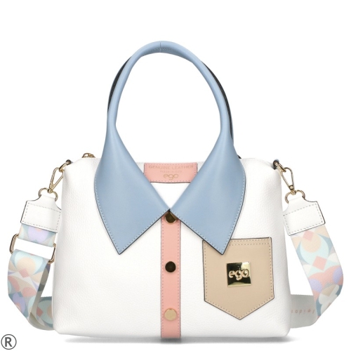 Бяла чанта тип риза от естествена кожа EGO- White/Blue