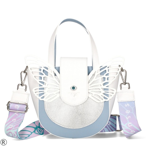 Чанта от естествена кожа в бял и син цвят с пеперуда EGO- White/Blue Butterfly