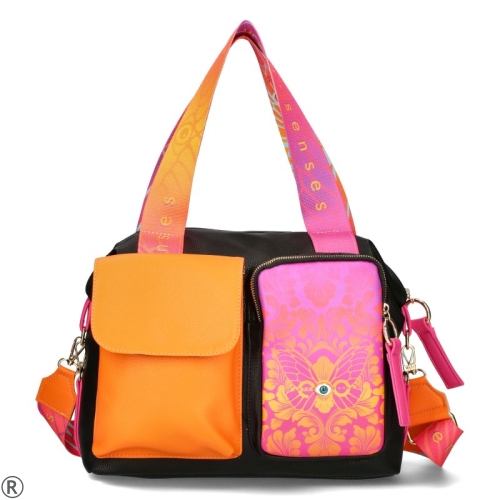 Голяма дамска чанта в черно и оранжево с джобове EGO- Orange