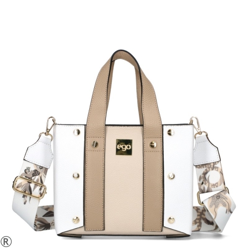 Чанта бяло с бежово от естествена кожа EGO- White/Beige
