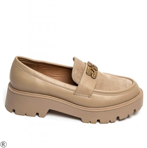 Бежови дамски мокасини със златна тока- Sisi Beige 11122