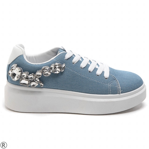Дънкови дамски кецове с камъни- Rene Blue 11125