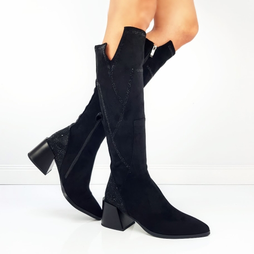 Черни велурени ботуши на широк ток- Eliza Bulgaria 11449