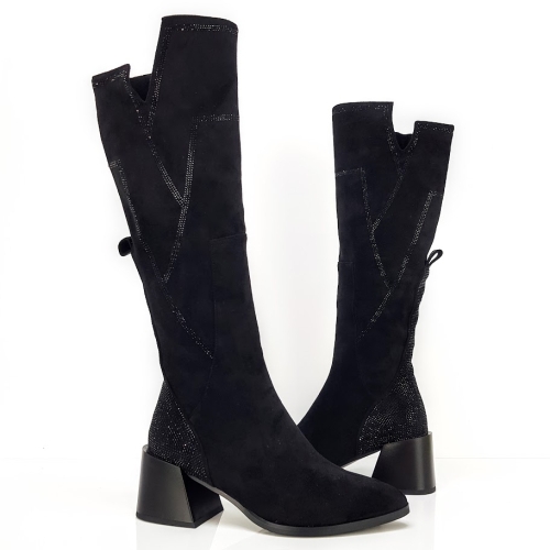 Черни велурени ботуши на широк ток- Eliza Bulgaria 11449