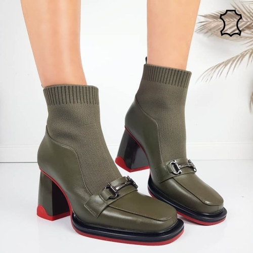 Дамски боти от естествена кожа с плетиво цвят каки- Eliza Bulgaria Khaki 11396