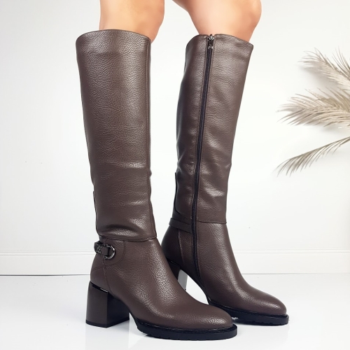 Кафяви дамски ботуши на удобен широк ток- Eliza Bulgaria 11479