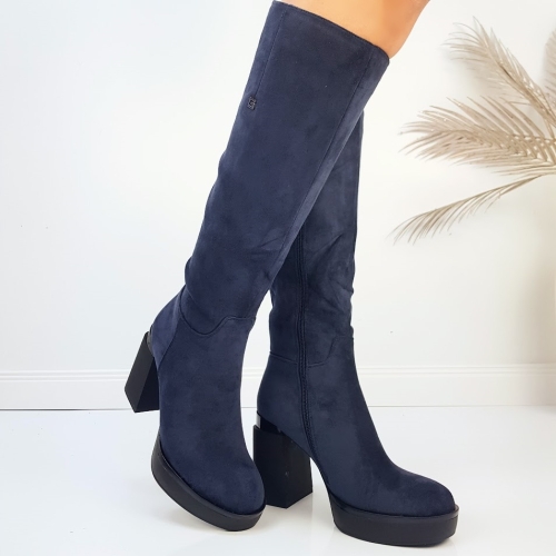 Сини велурени ботуши на ток и платформа- Eliza Bulgaria 11480