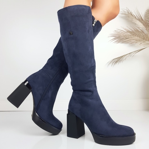 Сини велурени ботуши на ток и платформа- Eliza Bulgaria 11480