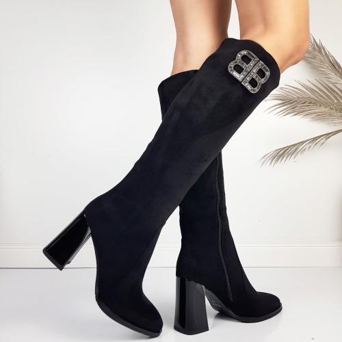 Черни елегантни ботуши от велур на широк ток- Eliza Bulgaria 11483