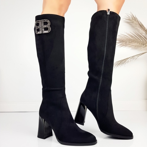 Черни елегантни ботуши от велур на широк ток- Eliza Bulgaria 11483