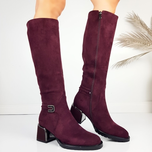 Дамски ботуши цвят бордо на удобен ток- Eliza Bulgaria 11486