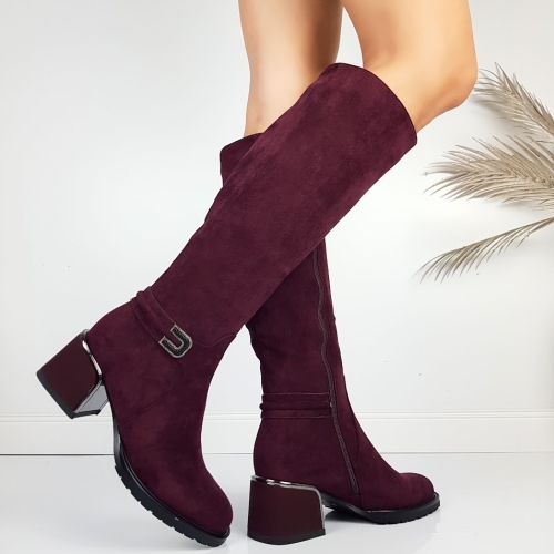 Дамски ботуши цвят бордо на удобен ток- Eliza Bulgaria 11486