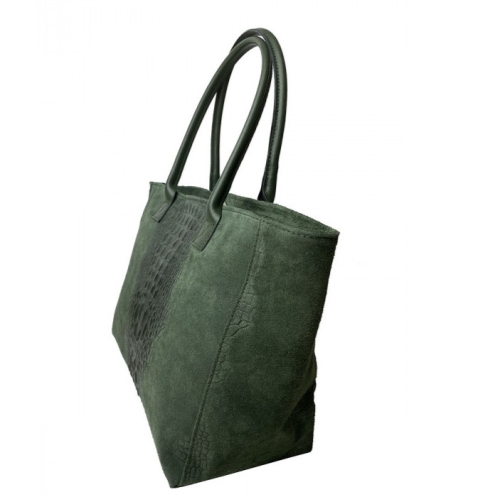 Голяма зелена чанта от естествена кожа с животински принт- Demi Green 11523
