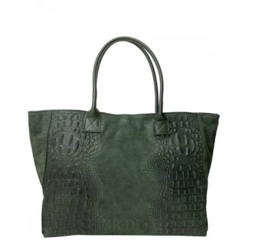Голяма зелена чанта от естествена кожа с животински принт- Demi Green 11523