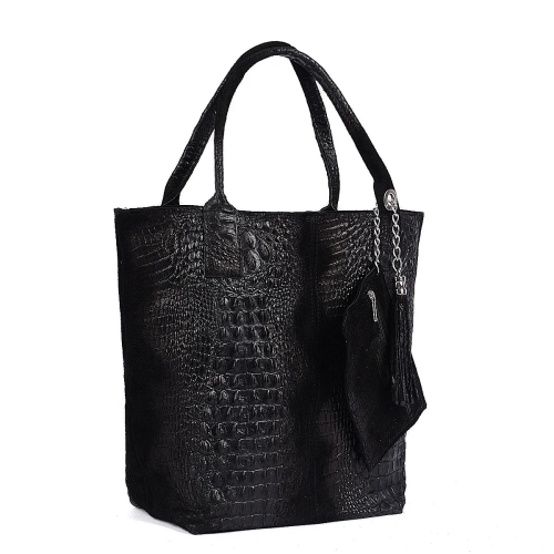 Голяма черна чанта от естествена кожа с кроко принт- Zara Black 11532