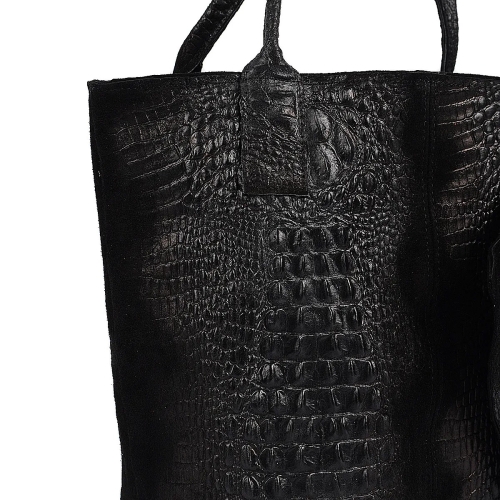 Голяма черна чанта от естествена кожа с кроко принт- Zara Black 11532