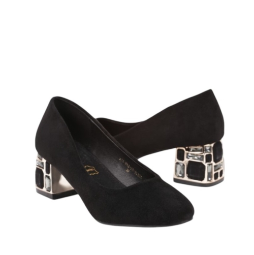 Елегантни велурени обувки с ефектен ток с камъни- Arina Black 11542