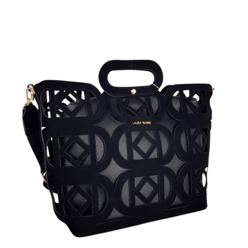 Черна велурена чанта лазерно изрязана- Laura Biaggi 11545