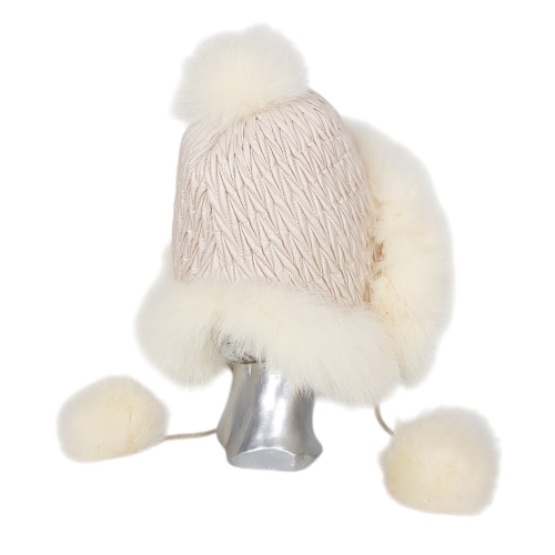 Бяла шапка с естествен косъм на лисица- Nora White 11554