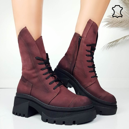 Боти от естествена кожа цвят бордо- Bella 11572