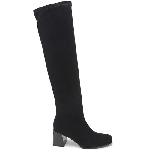 Черни чизми от велур с дебел ток - Amanda Black 11621