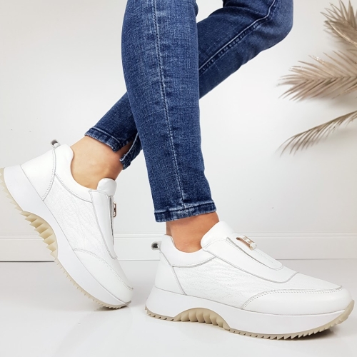 Бели маратонки от естествена кожа с ортопедична стелка- Evita White 11717