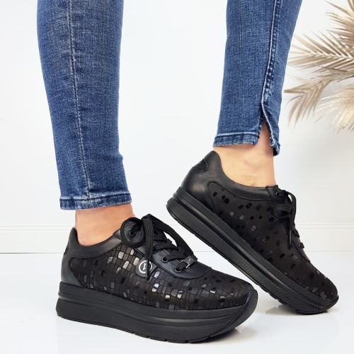 Обувки от ефектна естествена кожа на платформа- Zara Black 11729