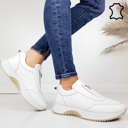 Бели маратонки от естествена кожа с ортопедична стелка- Evita White 11717