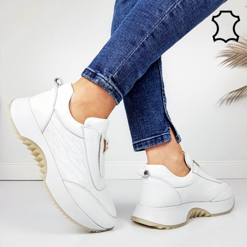 Бели маратонки от естествена кожа с ортопедична стелка- Evita White 11717