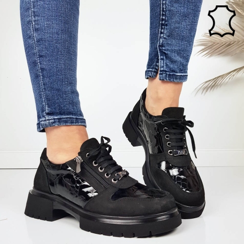 Обувки от естествена кожа с ортопедична стелка- Niq Black 11719