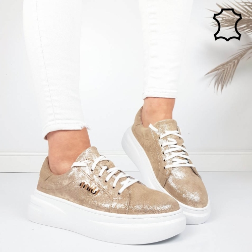 Златисти кецове от естествена кожа- Nora Gold 11784