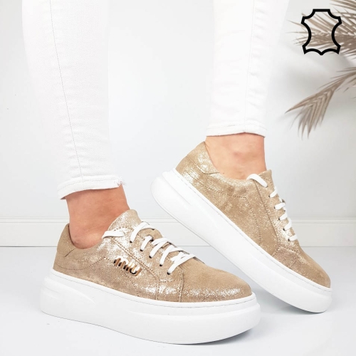 Златисти кецове от естествена кожа- Nora Gold 11784