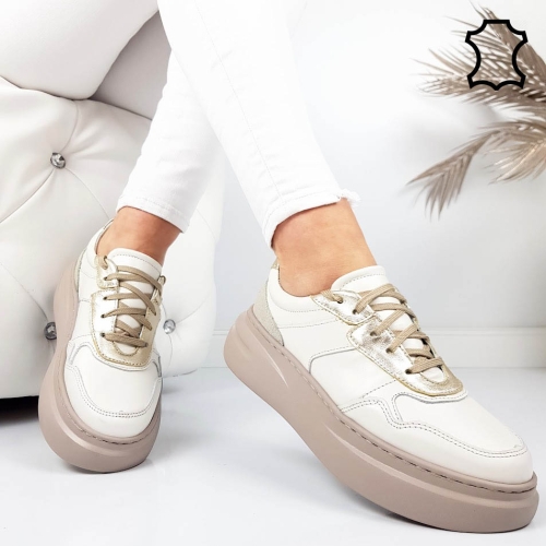 Кецове от естествена кожа в цвят мока и екрю- Nora 11785