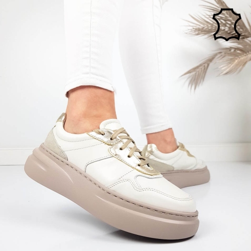 Кецове от естествена кожа в цвят мока и екрю- Nora 11785