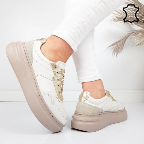 Кецове от естествена кожа в цвят мока и екрю- Nora 11785