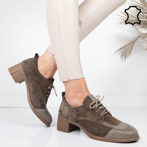 Обувки от естествен велур на широк ток- Frea Taupe 11792